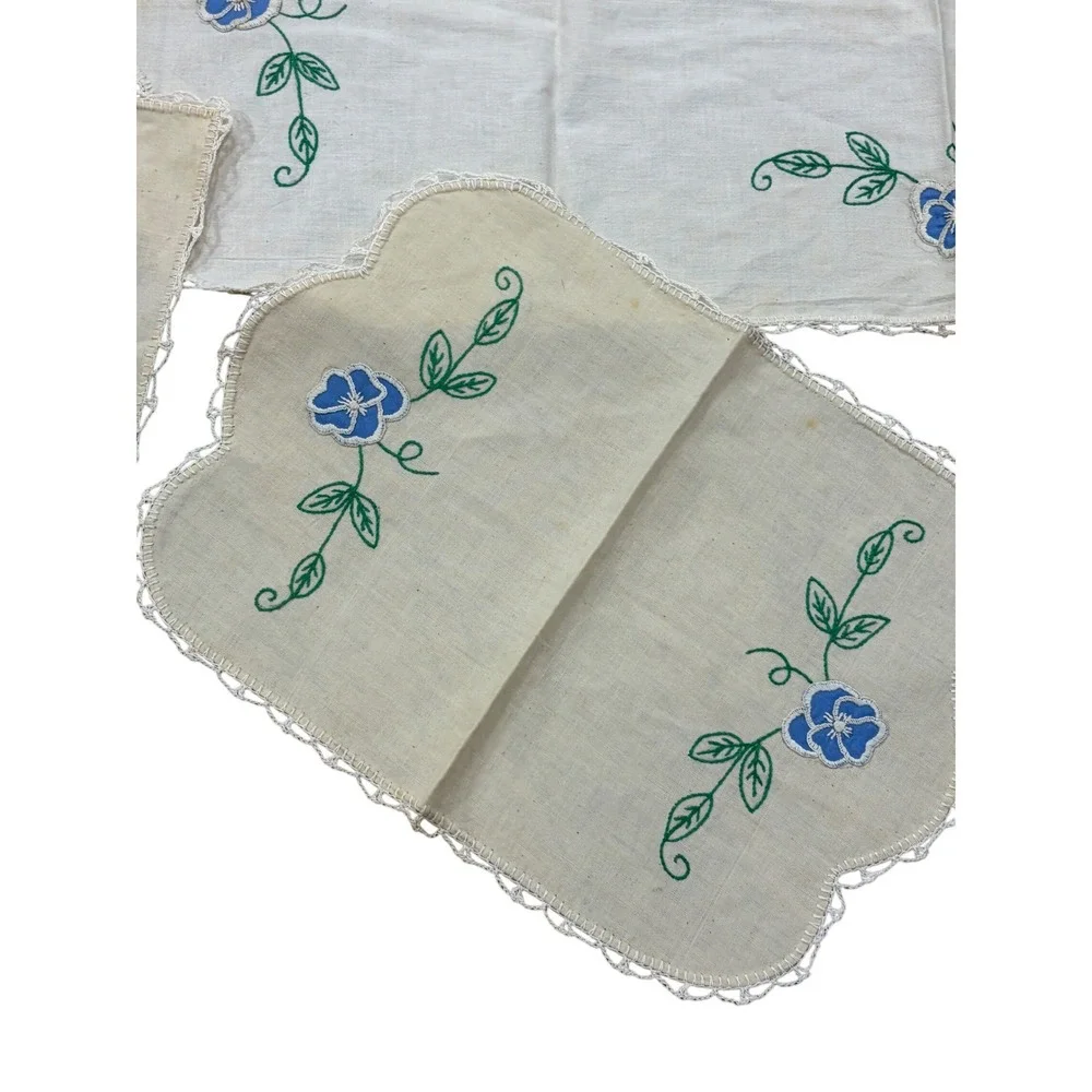 Vintage Hand Embroidered Linen Dresser Scarf Doily Set Blue Pansy Floral 8pc